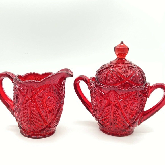 Vintage Red EAPG Glass Creamer and Sugar Bowl with Lid Deep Cut Design estate - Picture 8 of 9